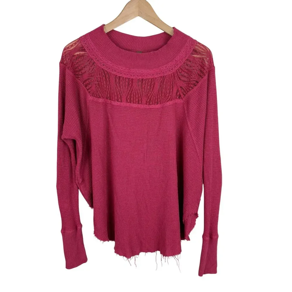 Free People Spring Valley Long Sleeve Thermal Top Red Womens Size S Lace Boho